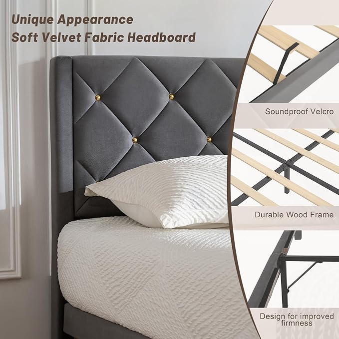 Queen Size Platform Bed Frame with Velvet Upholstered Headboard and Sturdy Wooden Slats Support,Mattress Foundation,Easy Assembly, No Box Spring Needed,Slip Resistant (Grey, Queen)