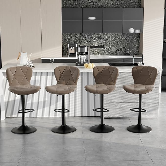 Bar Stools Set of 4,Adjustable Swivel Barstools, Faux Leather Bar Chairs,Upholstered Counter Height with High Backrest for Kitchen Island, Dark Khaki