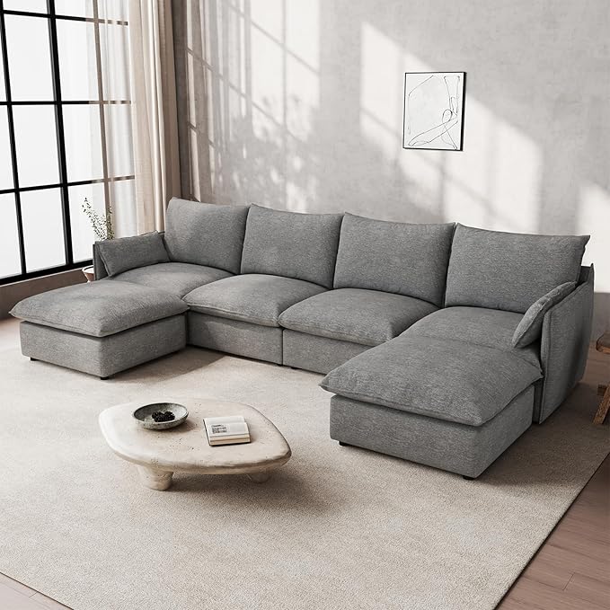 Waterproof Cloud Sectional Couches for Living Room,High Backrest Down Filled Couch,6 Seater Oversized Modular U-Shaped Sofas with Chaise,Detachable Sofa Covers,Deep Grey
