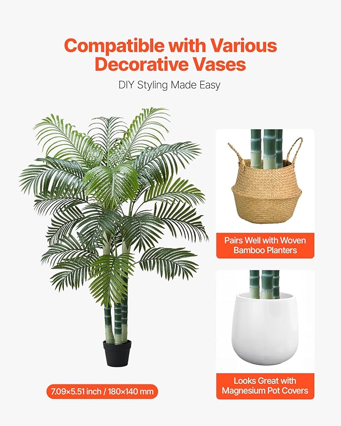 VEVOR Artificial Areca Palm Tree 6 ft, Fake Palm Tropical Plants with White Tall Planter, Faux Floor Silk Plant in Pot, Large Trees for Home Office Living Room Decor House Warming, Indoor Outdoor