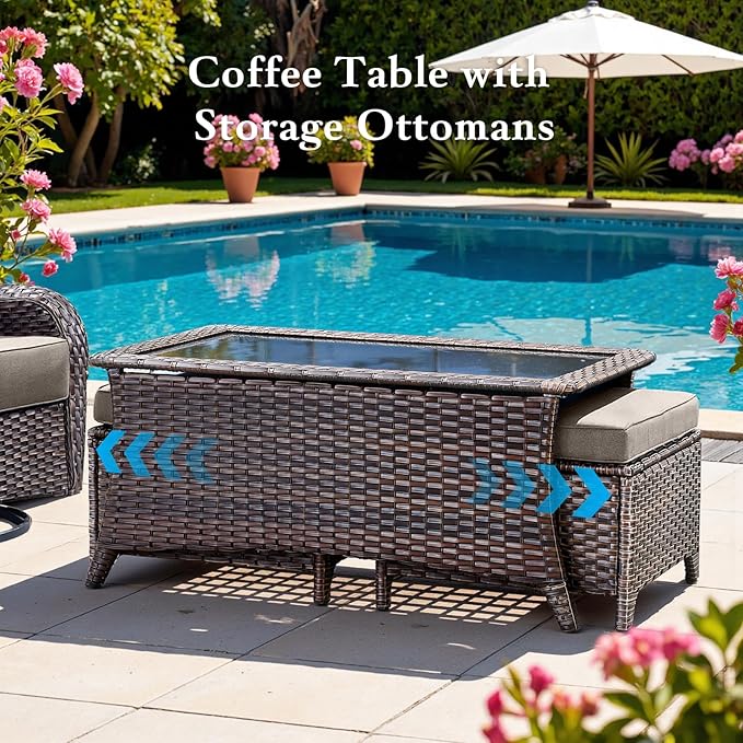 Belord Luxury 6" Thick Cushioned 7 Pieces Patio Furniture Set with Fire Pit Table, Wicker Outdoor Conversation Set with High Back Swivel Rocker Chairs for Deck Porch Yard and Poolside - Brown+Grey