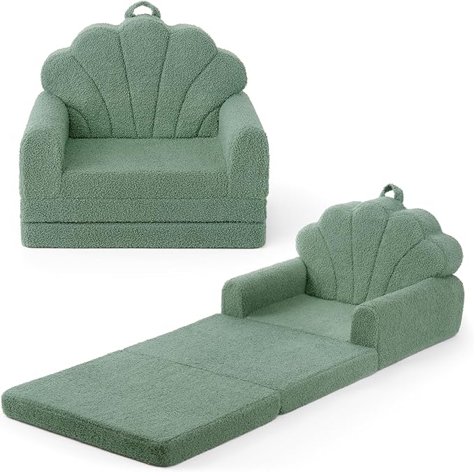 Blissful Diary Kids Couch, 2-in-1 Soft Toddler Couch Fold Out, Toddler Chair Comfy, Convertible Sofa to Lounger, Kids Furniture for Playroom, Gift for Birthday, Children's Day, Green Shell