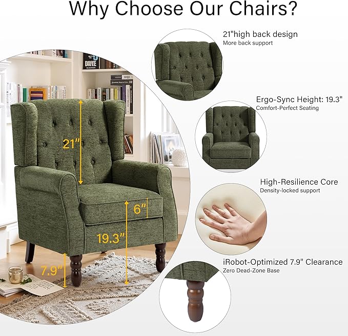 Lumibee High Back Accent Chair,Upholstered Wingback Armchair with Solid Wood Legs for Small Spaces,Comfy Single Sofa Chair for Living Room,Bedroom,Office-Green