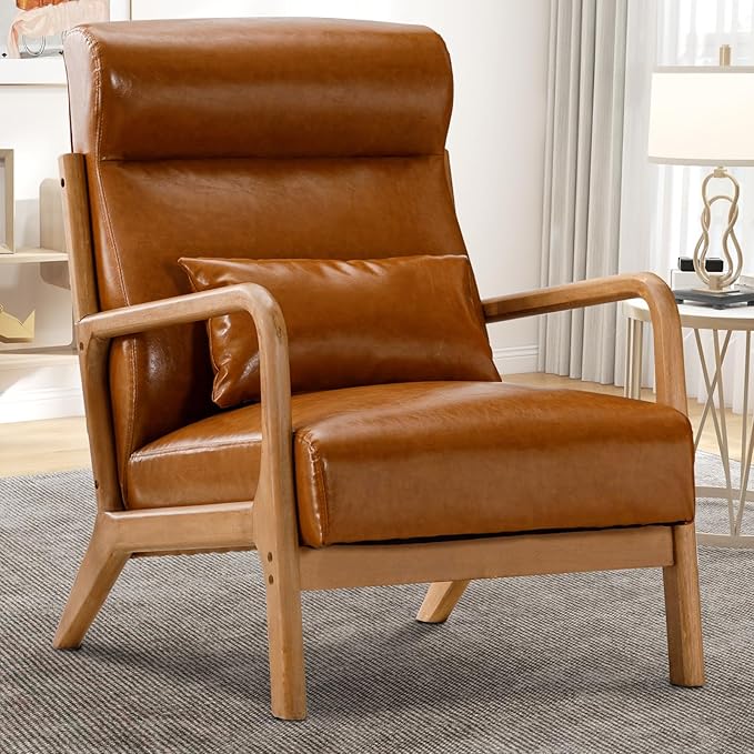 Accent Chair Mid Century Modern Chair PU Leather Living Room Chairs with Solid Wood Frame Comfy Upholstered and Lumbar Pillow Reading Side Chair Easy Assembly for Bedroom (2, Brown)
