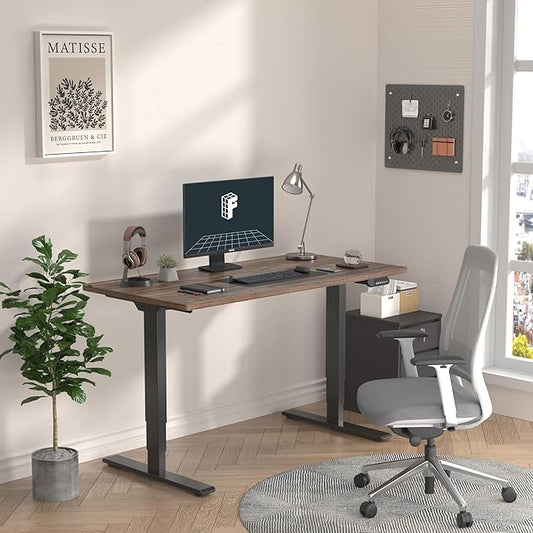 FLEXISPOT E6 3 Stages Dual Motor Electric Standing Desk 48x30 Inch Whole-Piece Board Height Adjustable Electric Sit Stand Desk(Black Frame + Brown Wood Grain Desktop, 2 Packages)