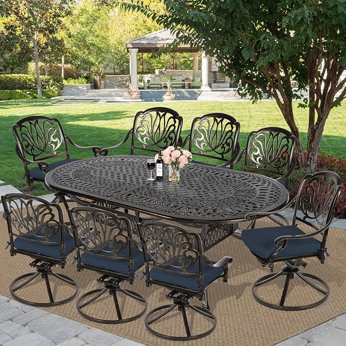 MEETWARM 9-Piece Outdoor Patio Dining Set, All-Weather Cast Aluminum Patio Conversation Set for Backyard Garden Deck with 1 Oval Table, 8 Cushioned Swivel Rocker Chairs, 2" Umbrella Hole, Navy Blue