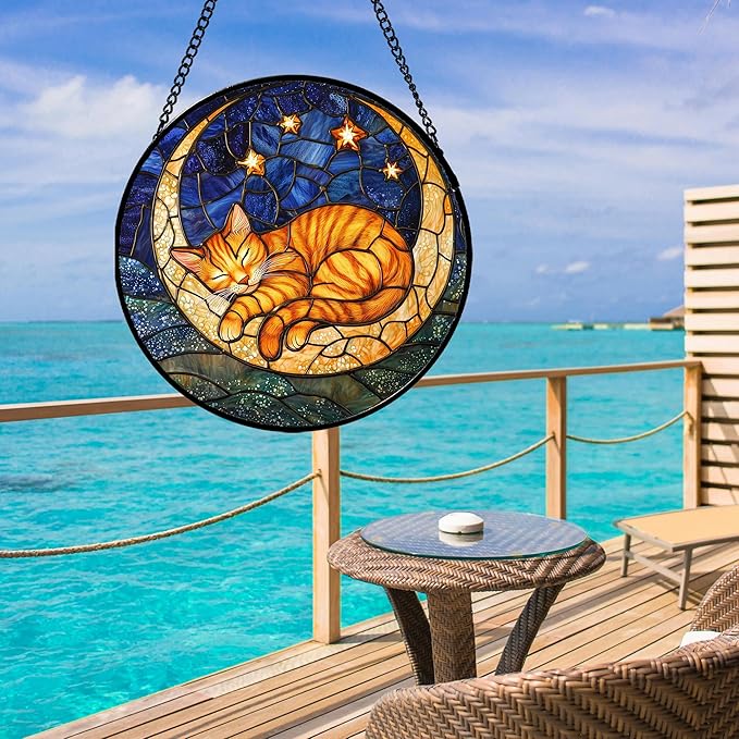 Stained Glass Window Hanging - Orange Moon Sleeping Cat Sun Catcher for Door Home Decor Blue Starry Sky Suncatcher Christmas Mother's Day Birthday Gifts for Women Men Mom Nana 15 in
