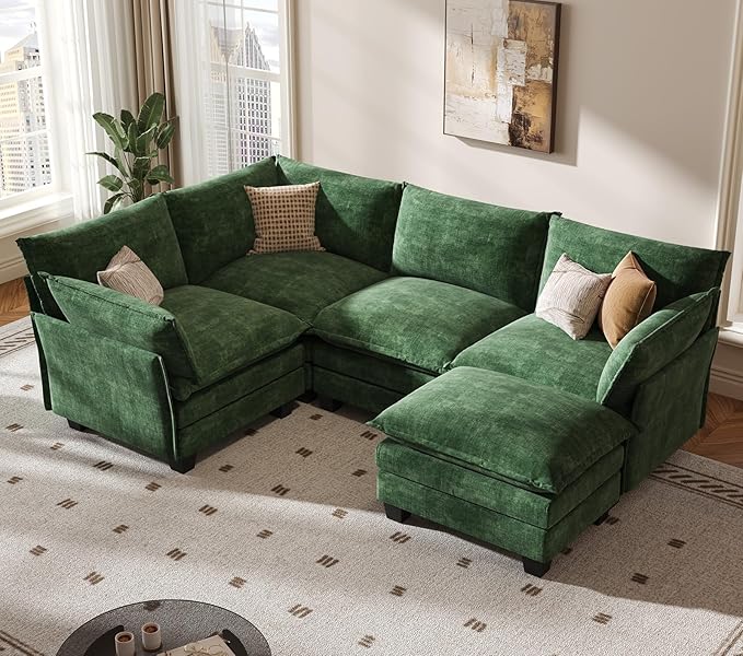 KKL Modular Sectional Sofa, J-Shaped 5 Seater Convertible L-Shaped Cloud Couch with Ottoman, Chenille Modern Sectional Couches for Living Room, Apartment Green