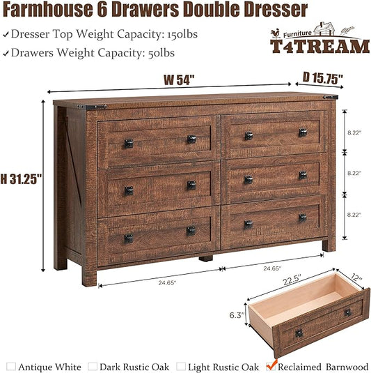 T4TREAM Farmhouse 6 Drawers Dresser for Bedroom, Wood Rustic Wide Chest of Drawers, Storage Dressers Organizer for Bedroom, Living Room, Hallway, Reclaimed Barnwood Color