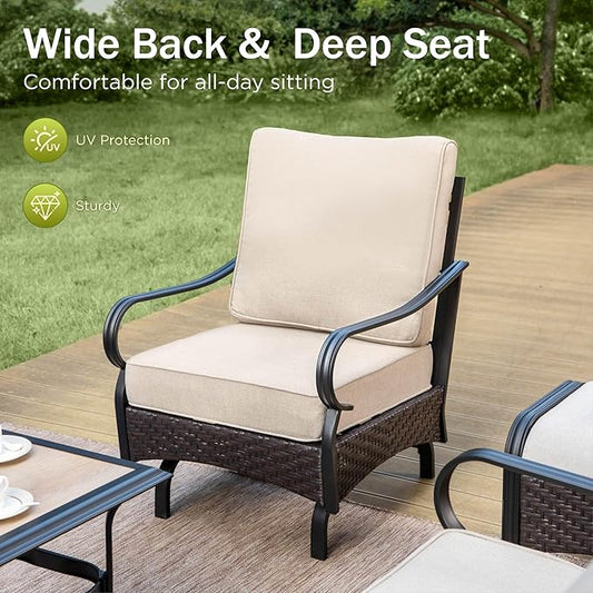 Patio Furniture Set with 56" Fire Pit Table, Premium Outdoor Wicker Metal Frame Furniture with Upgraded Waterproof Thick Cushions for Porch, Poolside, Deck, and Yard (8 Pieces,Beige)