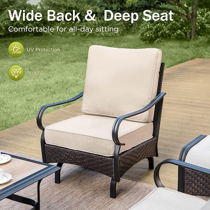 Patio Furniture Set with 56" Fire Pit Table, Premium Outdoor Wicker Metal Frame Furniture with Upgraded Waterproof Thick Cushions for Porch, Poolside, Deck, and Yard (4 Pieces,Beige)