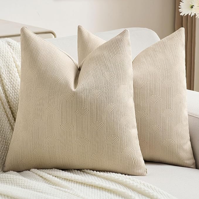 FUTEI Oatmeal Chenille Decorative Throw Pillow Covers 16x16 Inch Set of 2,Soft Cozy Striped Geometric Patterns Cushion Case,Modern Home Decor for Couch Bed Living Room