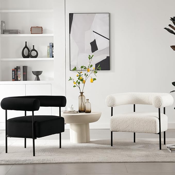 Boucle Modern Accent Chair with Curved Back, Small Living Room Vanity Chair, White Comfy Sherpa Barrel Armchair with Metal Legs & Upholstered for Bedroom, Makeup Room