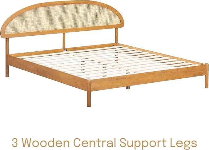 NTC Gem Wooden Bed Frame with Headboard and Natural Rattan, Solid Oak/Rubber Wood Foundation with Silent Slats, 1000 Lb Capacity, Effortless Assembly (Natural Cane - Rustic Oak, King)