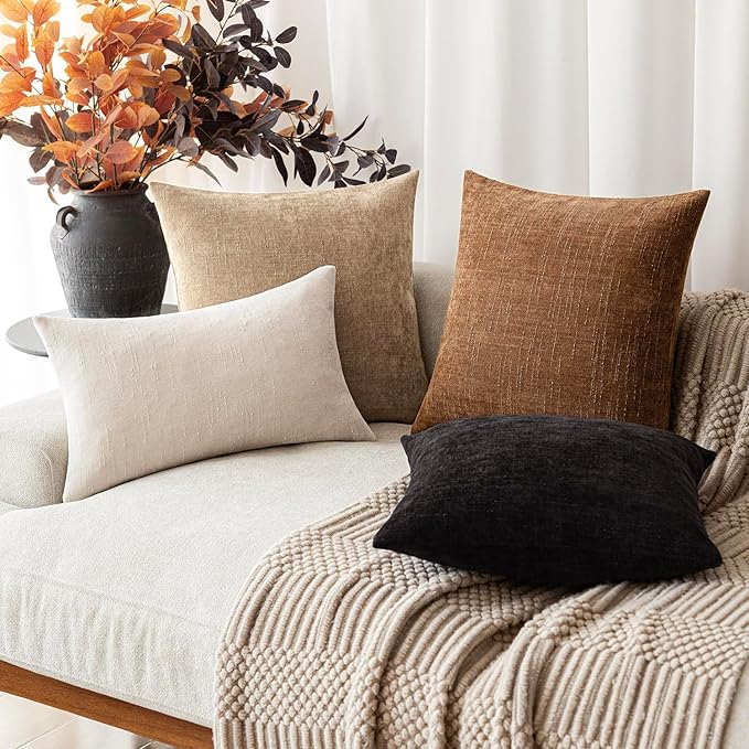Foindtower Pack of 2 Textured Chenille Throw Decorative Pillow Covers Square Accent Solid Cushion Cover Neutral Farmhouse Pillow Case for Couch Sofa Bedroom Living Room 24x24 Inch,Taupe Khaki Camel