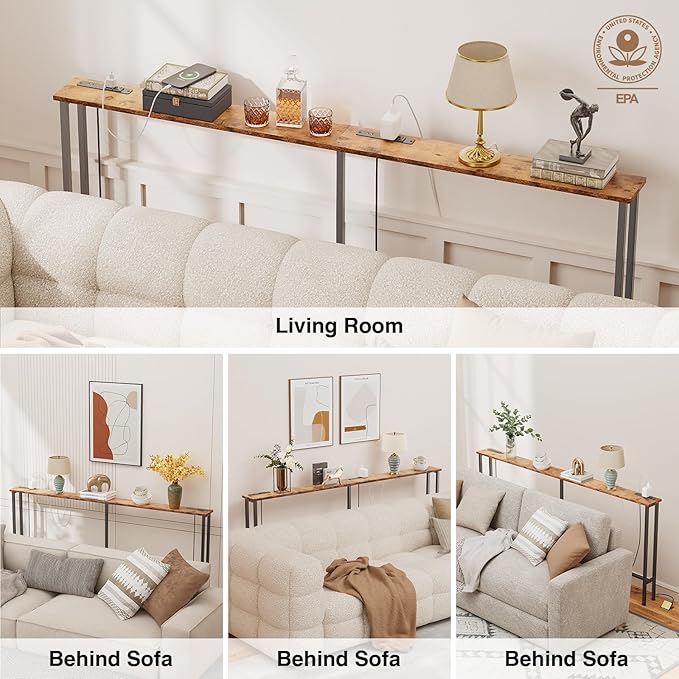 70" Narrow Console Sofa Table - 2 Power Outlets & 4 USB Ports, Metal Frame, Rustic Brown, Perfect for Hallway, Office, and Behind Sofa - Easy Assembly, 4.9' Extension Cord Included