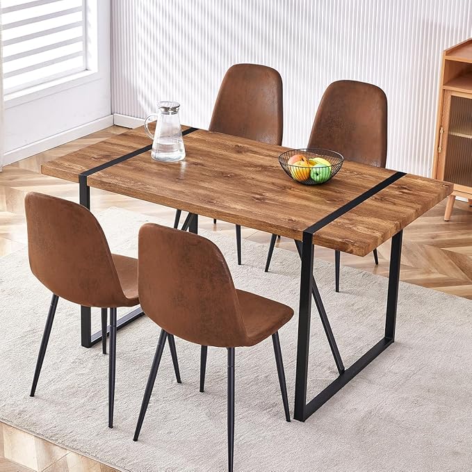 Dining Table Set for 4,Dinner Table Set for 4,55'' Kitchen Table and Suede Nap Fabic Chairs Set of 4, 5 Piece Dining Table Set for Kitchen Dining Room