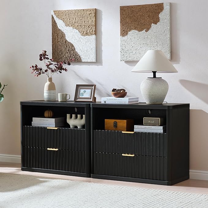 LEYAOYAO 31" Wide Fluted Nightstand with Charging Station, Oversized Extra Large 2 Drawers Night Stand,Black Wood Bedside Table,Tall Bed Side End Tables,Modern Chest of Drawers Dressers for Bedroom