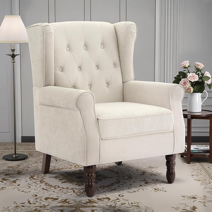 Lumibee High Back Accent Chair,Upholstered Wingback Armchair with Solid Wood Legs for Small Spaces,Comfy Single Sofa Chair for Living Room,Bedroom,Office-Beige
