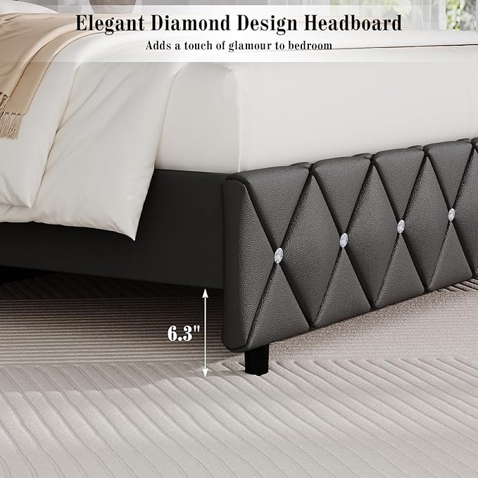 BarnFurin Queen Bed Frame with Diamond Tufted Headboard, Faux Leather Upholstered Bed with Wooden Slats Support, No Box Spring Needed, Mattress Foundation, Easy Assembly, Grey