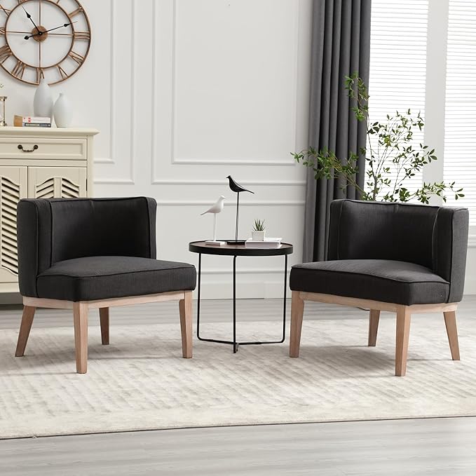 Set of 2 Accent Arm Chair with Wood Legs, Comfy Barrel Side Chair Linen Upholstered Reading Chairs with Back for Living Room Bedroom, Charcoal