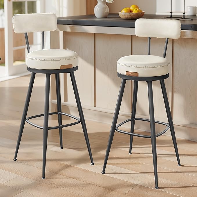 VASAGLE EKHO Collection - Bar Stools Set of 2, Swivel Bar Height Bar Stools with Back, Synthetic Leather with Stitching, Mid-Century Modern, 30-Inch Tall Barstools for Kitchen Home Bar, Cream White