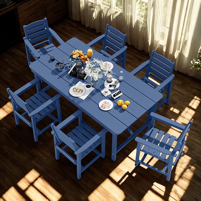 7 Piece Patio Dining Set with 11ft Patio Umbrella (Yellow), 7 Navy Outdoor HDPE Dining Set with 6 Chairs + 1 Large Table with 2" Umbrella Hole, for Market, Pool, Garden, Backyard, Deck