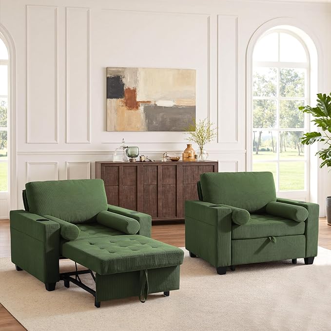 Convertible Sleeper Chair Bed, Comfy Corduroy Single Futon Sofa Chair with Pull Out Bed, 3-Levels Adjustable Backrest Accent Chair with Side Pockets, Cup Holder & USB Ports for Living Room, Bedroom