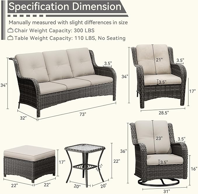 Wicker Patio Furniture Set 8-PCS with A 3-Seat Sofa, 2 Swivel Rocking Chairs, 2 Armchairs, 2 Ottomans and 1 Side Table Patio Conversation Set, Beige