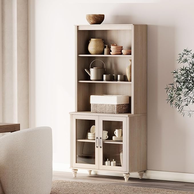 WAMPAT 5 Tier Bookshelf 72" Tall Bookcase with Glass Doors,Large Farmhouse Display Book Shelf with Adjustable Shelves and Storage Cabinet,Library Wood Bookshelves for Living Room,Kitchen, Light Oak