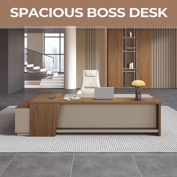 Premium Executive Desk, Modern L Shape Office Executive Desk with Drawers, Lockable Storage & Cable Management (Champagne Wood Grain+Beige/Right,79" L*63" W*30" H)