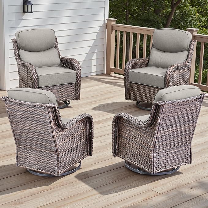 Rilyson 4 Piece Outdoor Patio Swivel Rocker Chairs, Waterproof Wicker, High Back, Deep Seating, Wide Armrest, Upgraded 6 inch Thick Cushions, Ideal for Deck Porch Backyard, Brown/Beige