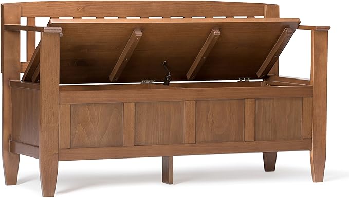 SIMPLIHOME Brooklyn Entryway Storage Bench - 48 inch Wide Solid Wood Storage Seat in Medium Saddle Brown, Contemporary Bench for Entryway or Living Room with Lift-Up Lid and Slatted Backrest