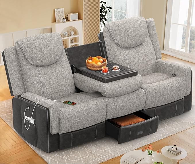 Manual Reclining Sofa, Flip Middle Backrest 2-in-1 Couch with Large Storage Drawer, USB Ports & Cup Holders, Grey Linen & Chocolate Leather Living Room Loveseat Recliner Sofa, Grey