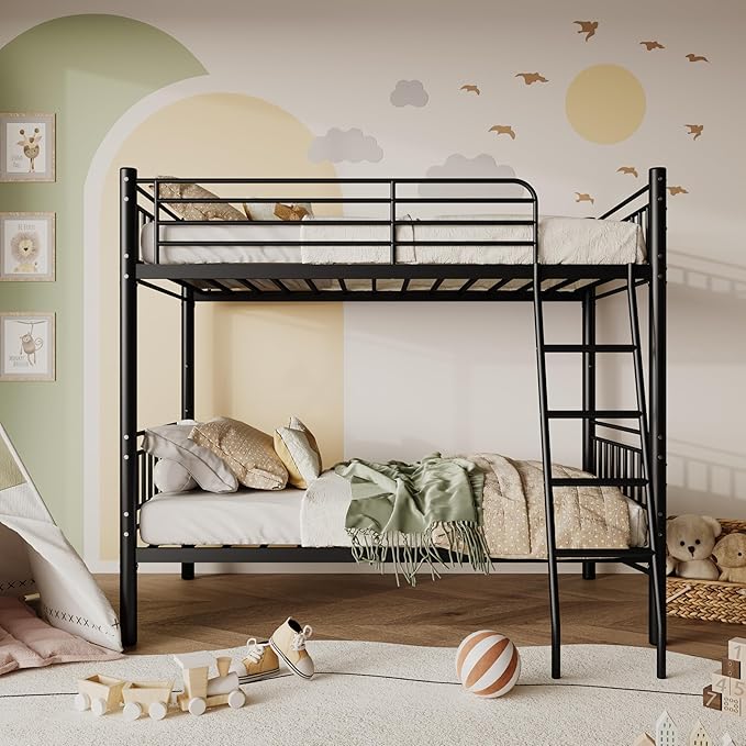 Metal Bunk Bed Twin Over Twin,Loft Bed with Removable Ladder and Full-Length Guardrail,Twin Bunk Beds Frame Heavy Duty Metal Slat Support for Adults, Kids and Young Teens (Black)