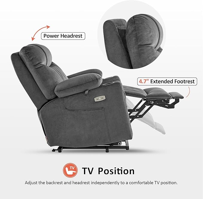 MCombo Small Size Triple Motor Power Lift Recliner Chair Sofa with Massage and Dual Heating, Adjustable Headrest for Elderly People Petite, USB Ports, Extended Footrest, Fabric 7222 (Dark Grey)