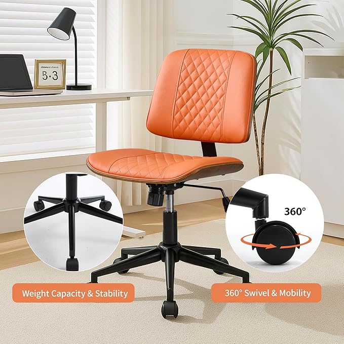 Armless Orange Home Office Chair – Mid-Back PU Leather, Adjustable Height Desk Chair with Swivel Wheels, Walnut Frame for Small Space Study or Bedroom