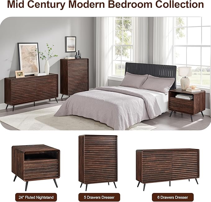 RedLemon 5 Drawers Dresser for Bedroom, 48'' Tall Mid Century Modern Wood Fluted Dresser, Chest of Drawers with Tapered Leg for Bedroom, Living Room, Hallway, Closet, Dark Walnut