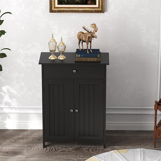 Tangkula Bathroom Storage Cabinet, Freestanding Floor Organizer w/ 2 Doors, 1 Drawer & 1 Adjustable Shelf, Modern Home Bathroom Furniture for Living Room Entryway Kitchen (Cabinet & Drawer, Black)