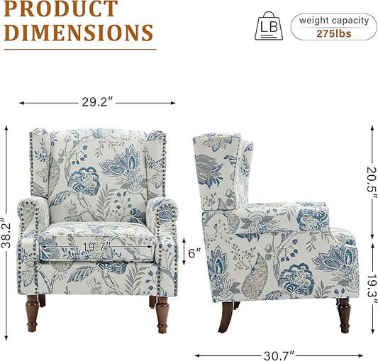 Floral Wingback Accent Chair Set of 2, High Back Upholstered Armchair, Comfy Fabric Wingback Arms Chairs with Retro Solid Wood Legs, Single Sofa Reading Chair for Bedroom Living Room, Plants Blue