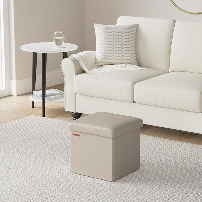 SONGMICS Mazie Collection - 15 Inches Ottoman with Storage, Footstool, Storage Ottoman, Load 660 lb, for Dorm, Living Room, Bedroom, Synthetic Leather, Camel Brown ULSF010K03
