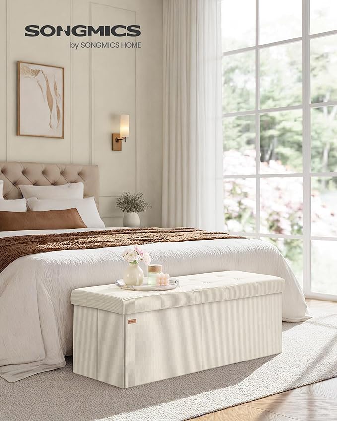 SONGMICS MAZIE Collection - Storage Ottoman Bench, Foldable Foot Rest, 15 x 43 x 15 Inches, End of Bed Bench, Storage Chest, Load 660 lb, Living Room, Bedroom, Entryway, Cream White ULSF604W01