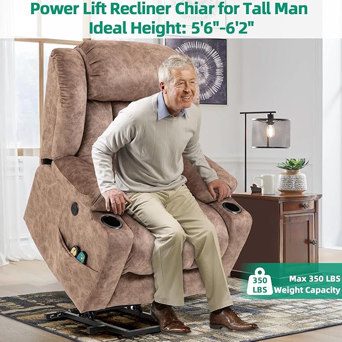 VIVIJASON Tall Man Large Power Lift Recliner Chair with Massage and Heat for Elderly, Overstuffed Wide Electric Lift Recliner w/Extended Footrest, 2 Cup Holder, Side Pockets & USB Ports, Fabric Brown