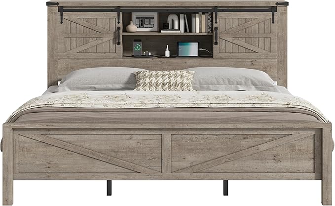 AMERLIFE Farmhouse King Bed Frame, Rustic Wood Platform Bed w/Barn Door Storage Bookcase Headboard & Charging Station, Bedroom Furniture, No Box Spring Needed, Light Grey