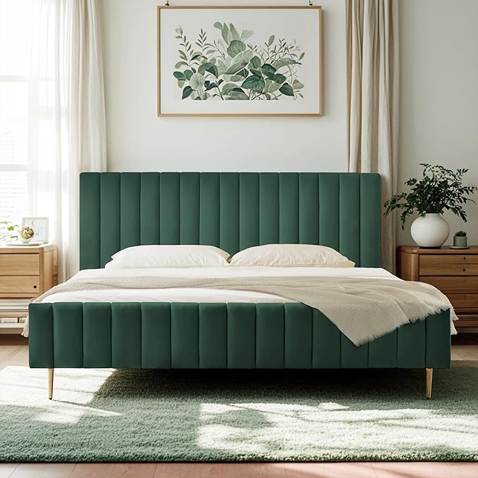 Livinia King Size Elton Velvet Platform Bed, Upholstered Bed Frame with Vertical Channel Tufted Headboard Footboard, Strong Wood Slats, No Box Spring Needed, Green (King)