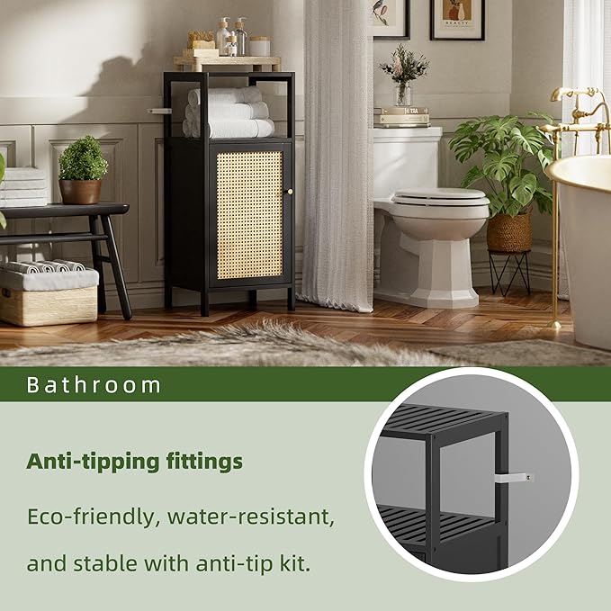 Bamboo Floor Rattan Cabinet, Small Bathroom Storage Organizer Rack with 1 Door and 1 Shelf, Space Saving Wood Kitchen Cupboard, Hallway Side Table, Living Room Freestanding Stand (Black)