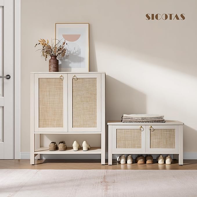 SICOTAS Shoe Storage Cabinet for Entryway - 5 Tier Rattan Entry Shoe Organizer Cabinet with Shelves & Doors, 2 Pieces Farmhouse Boho Shoe Rack for Hallway, Living Room, Closet (White Cream Oak)