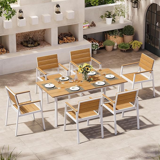 Outdoor Patio Dining Table Sets 7-Piece Aluminum and HDPS All-Weather Table and Chairs with Umbrella Hole, Patio Modern Furniture Sets for Garden, Backyard (White & Teak)