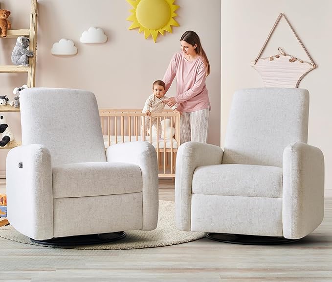 Power Recliner Chair, Swivel Rocker Recliner with USB A/C Charging Ports & Smooth Swivel Motion, Chenille Upholstered Rocking Chair for Nursery,Living Room, Bedroom, Set of 2, Cream