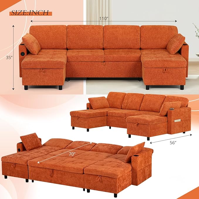 110" Sectional Pull Out Sofa Bed with Adjustable Backrests, U-Shaped Sleeper Sofa with USB Ports, Upholstered Reversible Couch with Cup Holder & Storage Space for Living Room, House, Orange